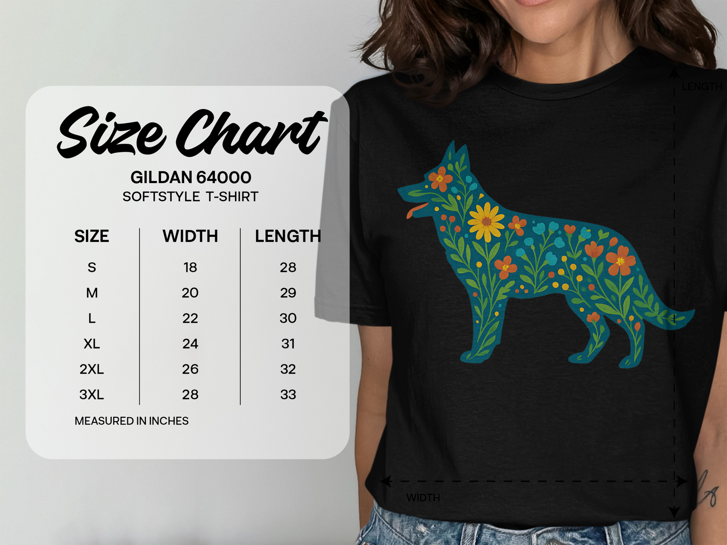 Floral German Shepherd Silhouette Soft style Tee