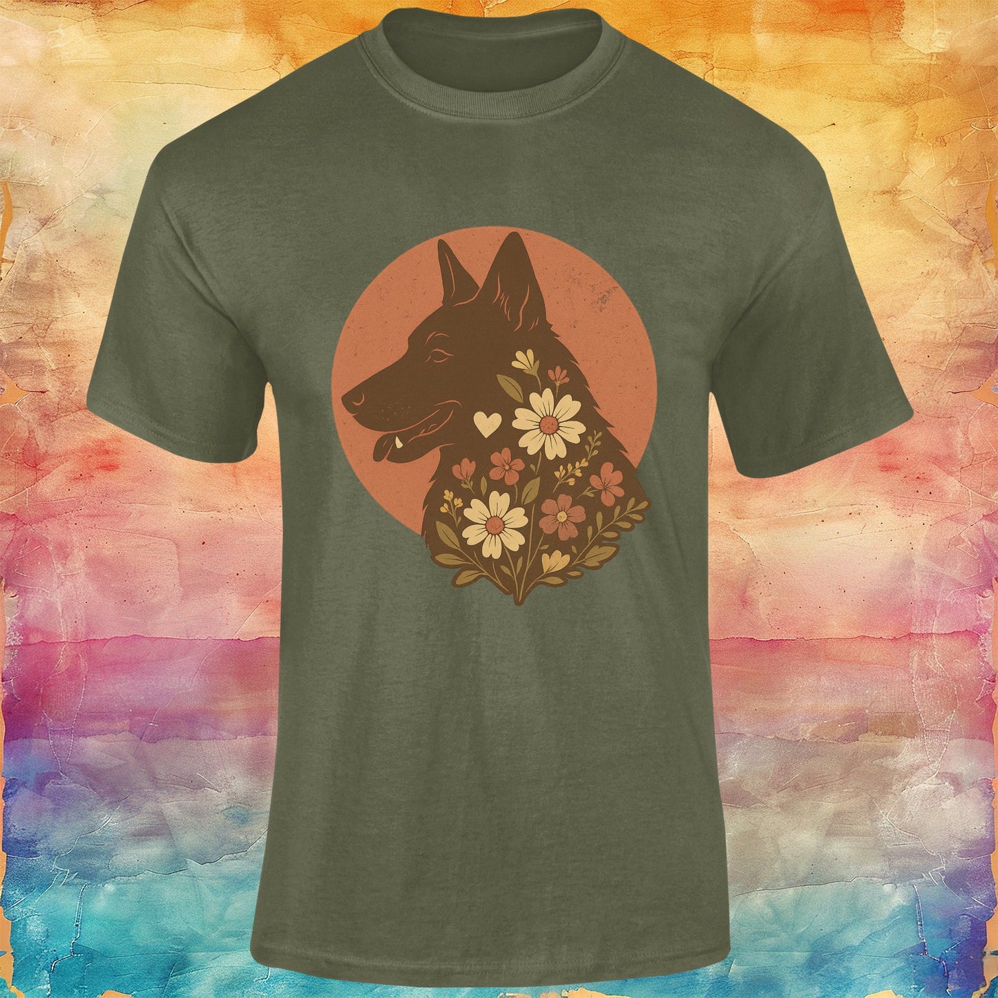 Retro Floral German Shepherd Silhouette Softstyle Tee