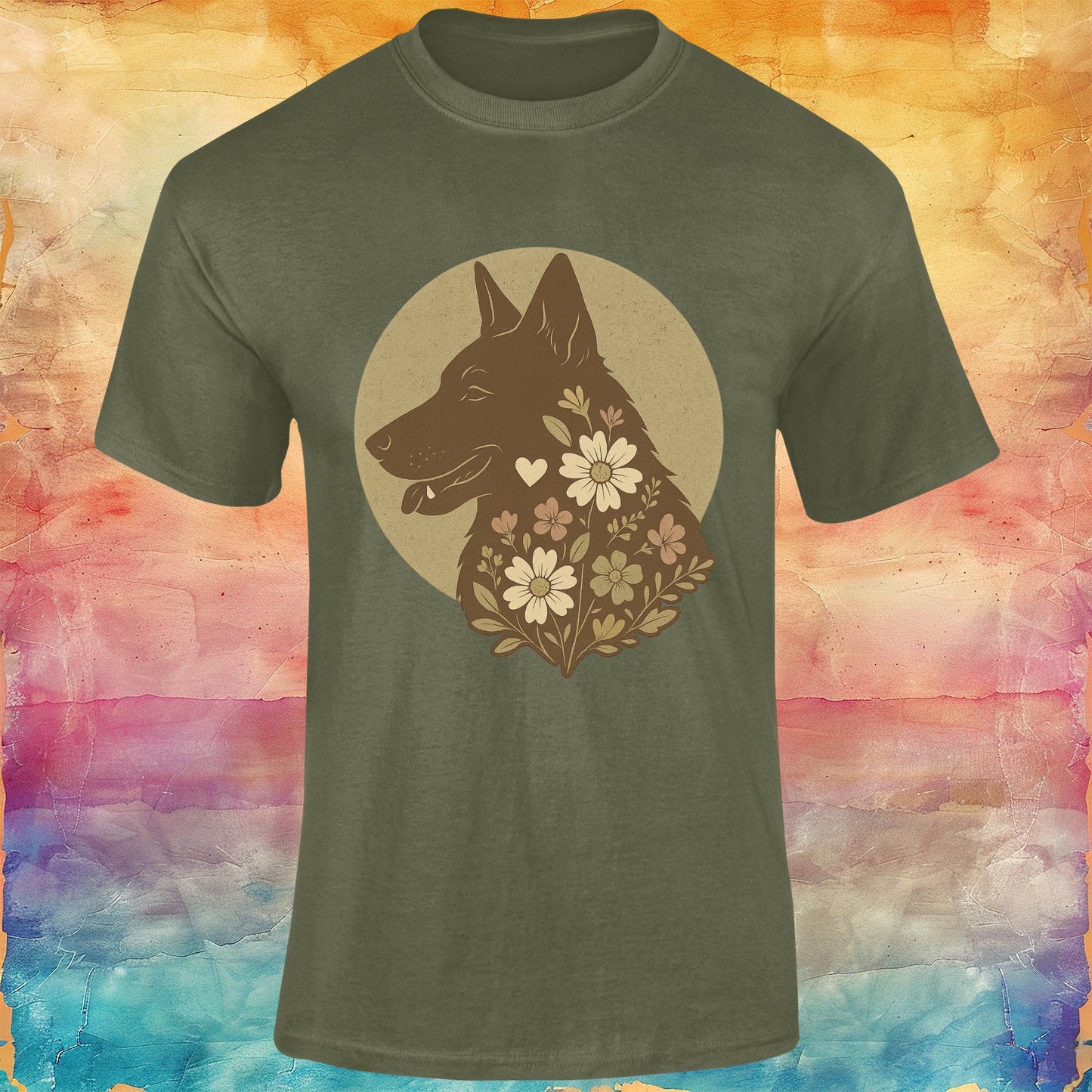 Vintage Floral German Shepherd Silhouette Softstyle Tee